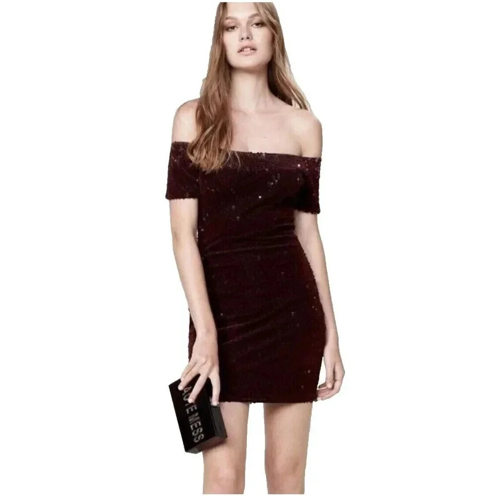 Dress The Population Larissa Sequin Off Shoulder Mini Dress Size Large Burgundy